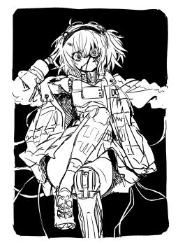 Rule 34 | 404crabs, a.i. voice, adachi rei, android, commentary, damaged, foot out of frame, hand up, highres, jacket, joints, knee up, long sleeves, looking at viewer, naked jacket, open clothes, open jacket, robot joints, sitting, utau