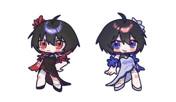 Rule 34 | 2girls, ahoge, bare shoulders, black dress, black hair, black shoes, blue eyes, blue flower, blue hair, blush stickers, breasts, chibi, closed mouth, commentary request, dress, duoyun de tiankong, flower, grey dress, grey flower, grey shoes, hair flower, hair ornament, highres, honkai (series), honkai impact 3rd, multicolored hair, multiple girls, red eyes, red flower, red hair, seele (alter ego), seele vollerei, seele vollerei (mirrored flourishes), seele vollerei (stygian nymph), shoes, simple background, small breasts, smile, standing, two-tone hair, white background