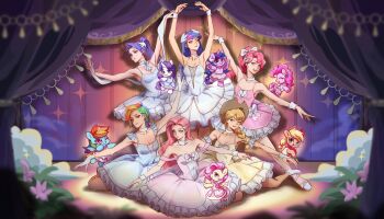 6+girls :d absurdres alternate_hair_length alternate_hairstyle alternate_skin_color applejack applejack_(equestria_girls) arm_up armpits arms_up ascot bare_arms bare_legs bare_shoulders blonde_hair blue_bow blue_dress blue_eyes blue_gemstone blue_hair blunt_bangs blurry blurry_foreground bow braid braided_ponytail breasts brown_hat butterfly_hair_ornament chinese_commentary choker cleavage closed_mouth collarbone commentary_request cowboy_hat curtained_hair curtains dress dress_bow drop_shadow dual_persona flower fluttershy fluttershy_(equestria_girls) frilled_dress frills gem green_eyes green_hair hair_behind_ear hair_between_eyes hair_bow hair_ornament hair_over_shoulder hat head_wings high_ponytail highres looking_at_viewer multiple_girls my_little_pony my_little_pony:_equestria_girls my_little_pony:_friendship_is_magic off-shoulder_dress off_shoulder open_mouth orange_hair outstretched_arms parted_lips pegasus petticoat pink_dress pink_flower pink_hair pinkie_pie pinkie_pie_(equestria_girls) pony_(animal) ponytail purple_hair rainbow_dash rainbow_dash_(equestria_girls) rarity_(equestria_girls) rarity_(my_little_pony) red_eyes shoes short_dress short_hair single_braid sitting sleeveless sleeveless_dress smile spaghetti_strap sparkle stage stage_curtains stage_lights standing straight_hair teeth tkotu tongue twilight_sparkle twilight_sparkle_(human) unicorn upper_teeth_only white_ascot white_bow white_choker white_dress white_shoes winged_unicorn wings wristband yellow_bow yellow_dress