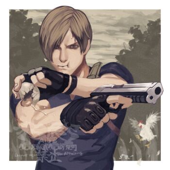Rule 34 | 1boy, 5tatsu, artist name, bird, black gloves, black shirt, blonde hair, border, chewing, chicken, commentary request, crossed arms, egg, falling feathers, feathers, fingerless gloves, full mouth, furrowed brow, gloves, gun, handgun, holding, holding egg, holding gun, holding weapon, leon s. kennedy, looking at viewer, male focus, muscular, muscular male, outdoors, parted bangs, raw egg, resident evil, resident evil 4, shirt, short hair, short sleeves, solo, upper body, weapon, white border
