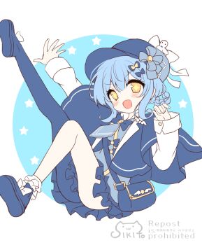 +_+ 1girl :d asymmetrical_legwear bag blue_background blue_bow blue_capelet blue_eyes blue_hat blue_pantyhose blue_shoes blue_vest blush bow capelet full_body hair_between_eyes hat highres knees_together_feet_apart leg_up long_sleeves looking_at_viewer mahou_shoujo_no_majo_saiban mismatched_legwear open_mouth orange_eyes pantyhose round_image shikito_(yawa0w0) shirt shoes shoulder_bag smile solo star_(symbol) tachibana_sherry two-tone_background vest watermark white_background white_pantyhose white_shirt