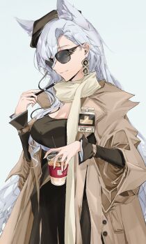 Rule 34 | 1girl, absurdres, animal ears, arknights, arms up, black dress, blue background, breasts, brown coat, brown hat, cleavage, closed mouth, coat, commentary request, cowboy shot, cup, disposable cup, dress, drinking straw, earrings, fingernails, from side, grey hair, hat, head tilt, highres, holding, holding pen, inanari1108, jara booker wilson (arknights), jewelry, large breasts, long fingernails, long hair, long sleeves, looking at viewer, pen, rhine lab (arknights), rhine lab logo, scarf, simple background, smile, solo, sunglasses, very long hair, wolf ears, wolf girl, yellow eyes, yellow scarf