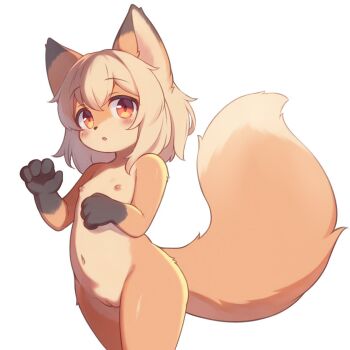 1girl :o animal_ears blonde_hair blush cleft_of_venus commentary completely_nude cowboy_shot double-parted_bangs flat_chest fox_ears fox_girl fox_tail hair_between_eyes hands_up loli looking_at_viewer matsuu_(akiomoi) navel nipples nude open_mouth original pussy red_eyes short_hair simple_background solo tail white_background