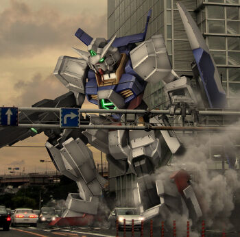 aqua_eyes beam_rifle building car dust_cloud energy_gun gun gundam gundam_age gundam_age-1 gundam_age-1_normal hiropon_(tasogare_no_puu) holding holding_gun holding_weapon humanoid_robot mecha mobile_suit motor_vehicle no_humans on_one_knee outdoors road_sign robot science_fiction sign solo turn_right_sign v-fin weapon