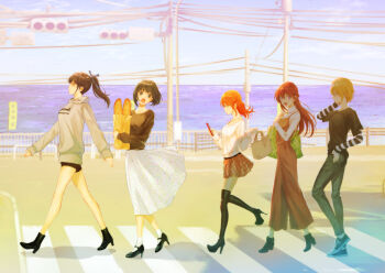 5girls bag baguette black_boots black_hair black_shirt black_shoes black_shorts black_sweater blonde_hair boots bread cellphone closed_mouth commentary_request crosswalk day denim dress food from_side full_body green_eyes high_heel_boots high_heels holding holding_bag holding_phone horizon hououji_akane jeans lamppost long_hair long_sleeves makuzawa_ouka megami_no_cafe_terrace multiple_girls ocean official_art ono_shiragiku open_mouth orange_hair orange_skirt outdoors pants paper_bag phone plaid_clothes plaid_skirt ponytail profile purple_eyes railing red_dress red_eyes road seo_kouji shirt shirt_under_shirt shoes short_hair short_shorts shorts skirt smartphone sneakers street striped_clothes striped_shirt sweater sweater_under_dress thigh_boots traffic_light tsukishima_riho tsuruga_ami two-tone_shirt walking white_shirt white_skirt white_sweater