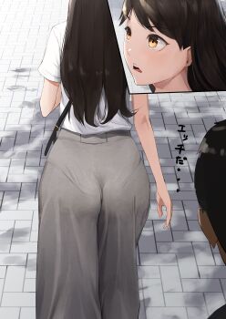 1boy 1girl absurdres ano_(gccx8784) ass brown_eyes brown_hair high-waist_skirt highres huge_ass long_hair original pantylines shirt skirt walking wedgie white_shirt