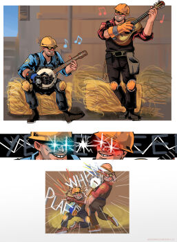 absurdres banjo blu_engineer_(tf2) blue_eyes engineer engineer_(tf2) gloves guitar hay highres hitting holding holding_instrument instrument laser minarosario red_engineer_(tf2) red_eyes round_eyewear sound_effects team_fortress_2 two-tone_gloves