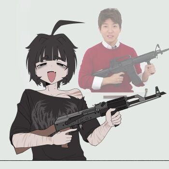 Rule 34 | 1boy, :d, absurdres, ahoge, bags under eyes, black eyes, black hair, black shirt, fang, gun, half-closed eyes, highres, holding, holding gun, holding weapon, looking at viewer, male focus, mole, mole on neck, multiple scars, nightcore (n19htc0r333), open mouth, original, photo inset, reference inset, rifle, scar, scar on arm, scar on shoulder, shirt, short hair, short sleeves, simple background, single bare shoulder, skin fang, smile, solo, tareme, weapon, white background