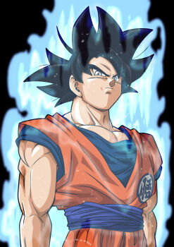 1boy absurdres aura black_background black_hair blue_sash blue_shirt dougi dragon_ball dragon_ball_super fenyon grey_eyes highres male_focus muscular muscular_male orange_pants orange_shirt pants sash shirt simple_background solo son_goku ultra_instinct_sign upper_body