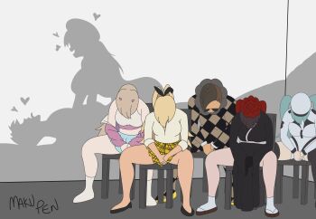 2boys 5girls absurdres blonde_hair blue_hair brown_hair chair commander_(nikke) cuckquean goddess_of_victory:_nikke highres long_hair maku_pen multiple_boys multiple_girls mustang_(nikke) netorare on_chair privaty_(nikke) rapi_(nikke) rupee_(nikke) sakura_(nikke) sex shadow sitting viper_(nikke)
