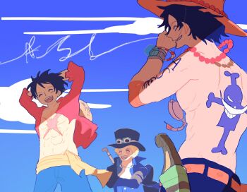 3boys 4pimh abs arm_tattoo arms_behind_back back_tattoo bead_necklace beads black_hair black_hat blonde_hair blue_shirt blue_shorts blue_sky bracelet closed_eyes cloud cloudy_sky coat cowboy_shot cross_scar crossed_arms facial_scar goggles goggles_on_headwear hat highres jewelry jolly_roger log_pose male_focus monkey_d._luffy multiple_boys necklace one_piece open_clothes open_coat open_mouth open_shirt orange_hat portgas_d._ace red_shirt sabo_(one_piece) sash scar scar_on_cheek scar_on_chest scar_on_face shirt short_hair shorts sky smile straw_hat tattoo topless_male unworn_hat unworn_headwear upper_body whitebeard_pirates_jolly_roger yellow_sash