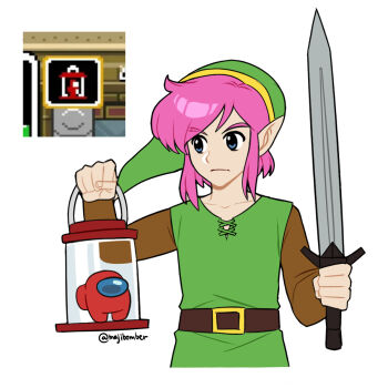 Rule 34 | 1boy, among us, belt, blue eyes, brown belt, closed mouth, copyright request, cropped torso, frown, green hat, green tunic, hat, highres, holding, holding lantern, holding sword, holding weapon, lantern, link, long sleeves, maji (majibomber), nintendo, pink hair, pointy ears, red (among us), screenshot inset, solo, sword, the legend of zelda, the legend of zelda: a link to the past, tunic, twitter username, weapon