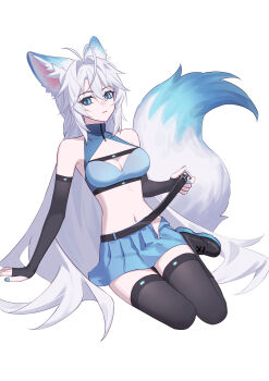 1girl absurdres animal_ear_fluff animal_ears bare_shoulders belt black_boots black_gloves black_thighhighs blue_eyes blue_nails blue_skirt boots breasts cleavage commentary elbow_gloves extra_ears fingerless_gloves fingernails fox_ears fox_girl fox_tail gloves hair_between_eyes hair_intakes highres long_hair looking_at_viewer luo_shun_yao medium_breasts meng_xi_xuan nail_polish navel open_belt original parted_lips sidelocks simple_background sitting skirt solo stomach tail thighhighs thighs very_long_hair white_background white_hair yokozuwari