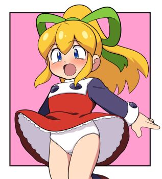 1girl android blonde_hair blue_eyes blush boots capcom crotch_seam dress green_ribbon hair_ribbon loli long_hair long_sleeves mega_man_(classic) mega_man_(series) open_mouth panties pink_background ponytail red_boots red_dress ribbon robot roll_(mega_man) sidelocks standing surprised underwear white_panties wind wind_lift yume_yoroi