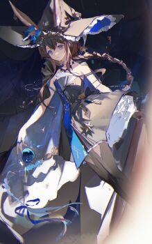 Rule 34 | 1girl, amiya (arknights), animal ear fluff, animal ears, arknights, bare arms, bare shoulders, black dress, black hat, black pantyhose, blue bow, blue eyes, bow, braid, brown hair, closed mouth, double-parted bangs, dress, ears through headwear, feet out of frame, frilled hat, frills, hat, hat bow, highres, long hair, looking at viewer, pantyhose, rabbit ears, rabbit girl, solo, standing, strapless, strapless dress, witch hat, zeriko