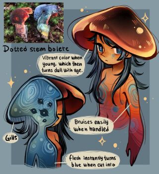 Rule 34 | 1girl, blue eyes, body markings, breasts, colored skin, commentary, cross-section, educational, english commentary, english text, feefal, funguary, highres, long hair, monster girl, mushroom, mushroom girl, mushroom hat, navel, no nipples, nude, object and personification, one eye closed, orange skin, original, personification, photo inset, procreate (medium), reference inset, small breasts