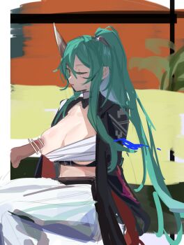 1boy 1girl arknights bar_censor black_jacket breasts brown_horns censored chest_sarashi commentary_request hair_between_eyes highres horns hoshiguma_(arknights) jacket large_breasts long_hair nipple_stimulation nipples one_breast_out one_eye_closed penis ponytail sarashi single_horn sitting sketch solo_focus very_long_hair ydjc0604 yellow_eyes