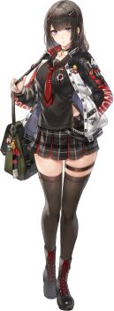 Rule 34 | 1girl, amulet, ankh necklace, arrow print, artist request, badge, bag, belt, black belt, black boots, black choker, black hair, black sailor collar, black shirt, black skirt, black thighhighs, boots, breast pocket, button badge, buttons, chain, character request, choker, duffel bag, english text, final gear, grey eyes, hair ornament, hair over shoulder, hairclip, hand in pocket, highres, holding, holding bag, jacket, knees, knot, lace-up boots, letterman jacket, looking at viewer, multicolored hair, multicolored jacket, multicolored skirt, multicolored sleeves, neckerchief, number print, official art, open clothes, open jacket, petticoat, plaid clothes, plaid skirt, pleated skirt, pocket, red neckerchief, red ribbon, ribbon, sailor collar, shirt, short hair, side slit, sidelocks, skirt, slip showing, smiley face, solo, standing, striped collar, striped neckerchief, striped sleeves, tachi-e, tassel, text print, thigh strap, thighhighs, third-party source, tie clip, transparent background, two-tone hair, two-tone jacket, vertical-striped sleeves, white jacket, x hair ornament