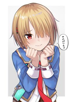 1girl absurdres blonde_hair blue_jacket blunt_bangs blush border clenched_hands closed_mouth commentary_request cowboy_shot eyelashes eyes_visible_through_hair furrowed_brow grey_background hair_ornament hair_over_one_eye hairclip hands_up heaven_burns_red highres jacket kayamori_ruka long_bangs long_sleeves looking_at_viewer necktie one_eye_covered open_clothes open_jacket outside_border parallel_hairclips red_eyes red_necktie rrtp school_uniform shirt short_hair simple_background smile solo speech_bubble split_mouth translated tsurime white_border white_shirt
