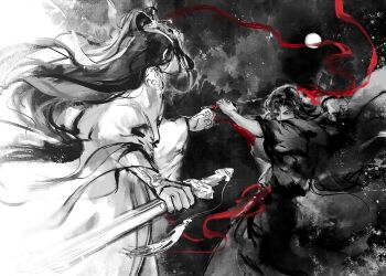 Rule 34 | 2boys, battle, bichen sword, black hair, black hanfu, chenqing flute, chinese clothes, chinese commentary, dizi, duel, faux traditional media, fighting, floating clothes, floating hair, flute, flute tassel, from side, full moon, greyscale, hair down, hair ribbon, half updo, hanfu, headband, highres, holding, holding flute, holding instrument, holding sword, holding weapon, huashengdoufu, implied yaoi, ink wash painting, instrument, jian (weapon), lan wangji, light particles, long hair, long sleeves, looking at another, male focus, modao zushi, monochrome, moon, multiple boys, night, night sky, official alternate hairstyle, outstretched arm, ponytail, profile, red eyes, red ribbon, ribbon, robe, sash, sky, spot color, sword, tassel, transverse flute, very long hair, weapon, wei wuxian, wei wuxian (yiling laozu), white hanfu, white headband, wide sleeves, xiao guan (headdress)