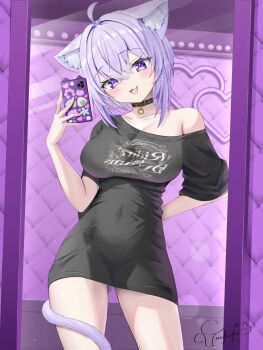 Rule 34 | 1girl, :3, animal ear fluff, animal ears, black shirt, breasts, cat ears, cat girl, cat tail, cellphone, collarbone, commentary request, heart, highres, holding, holding phone, hololive, large breasts, mirror selfie, nekomata okayu, phone, purple eyes, purple hair, purple tail, selfie, shirt, single bare shoulder, single off shoulder, smartphone, solo, tail, torakichi 888, virtual youtuber