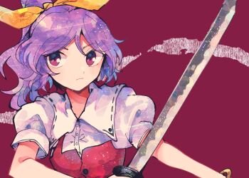 1girl bangle bracelet breasts closed_mouth commentary_request dress hair_ribbon itomugi-kun jewelry katana long_hair ponytail puffy_short_sleeves puffy_sleeves purple_hair red_background red_dress red_eyes ribbon shirt short_sleeves single_strap small_breasts solo sword touhou upper_body watatsuki_no_yorihime weapon white_shirt yellow_ribbon