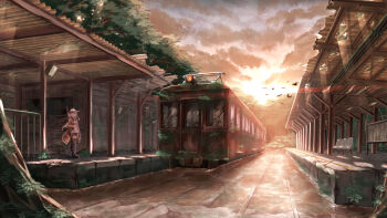 1girl absurdres bird chair commentary_request crudefish evening flock gun hat highres long_hair original outdoors overgrown revision ruins scenery solo train train_station tree weapon weapon_request
