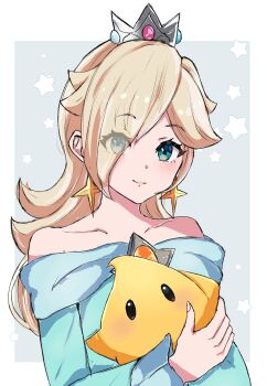 1girl ayaka_00709 bare_shoulders blonde_hair blue_dress blue_eyes brooch closed_mouth collarbone crown dress earrings eyes_visible_through_hair hair_over_one_eye highres jewelry long_hair long_sleeves looking_at_viewer luma_(mario) mario_(series) nintendo off-shoulder_dress off_shoulder rosalina smile star_(symbol) star_brooch star_earrings super_mario_galaxy upper_body