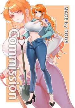 1girl absurdres aqua_jacket armpits artist_name black_shoes breasts cleavage commentary_request commission denim dogs_(dlrkdejr26) earrings eyebrows_hidden_by_hair from_side full_body hand_on_own_hip high_heels highres holding holding_shovel jacket jeans jewelry korean_commentary large_breasts long_hair looking_at_viewer multiple_views nami_(one_piece) navel one_piece open_fly open_mouth orange_hair pants shirt shoes shoulder_tattoo shovel stiletto_heels stomach tattoo white_shirt