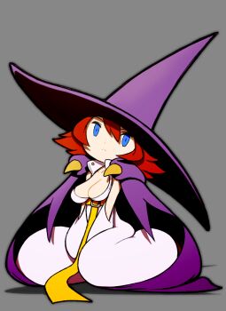 Rule 34 | 1girl, beeru (veil8801), blue eyes, bodysuit, breasts, cape, cleavage, closed mouth, collarbone, frown, full body, grey background, hair between eyes, hat, highres, large breasts, purple cape, purple hat, red hair, short hair, simple background, sitting, solo, tabasa, warzard, white bodysuit, witch hat