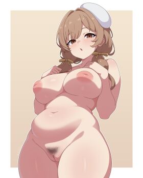 Rule 34 | 1girl, absurdres, ai-assisted, beret, border, bready (nikke), breasts, brown background, brown eyes, brown hair, cleavage, cleft of venus, collarbone, commentary, completely nude, cowboy shot, english commentary, female pubic hair, goddess of victory: nikke, groin, guilegaze, hair intakes, hair over shoulder, hair ribbon, hands on own chest, hands up, hat, highres, inverted nipples, large breasts, light blush, long hair, looking at viewer, low twintails, navel, nipples, nude, outside border, parted bangs, parted lips, plump, pubic hair, puffy nipples, pussy, ribbon, shiny skin, sidelocks, simple background, solo, stomach, swept bangs, thighs, tilted headwear, twintails, uncensored, white border, white hat, yellow ribbon