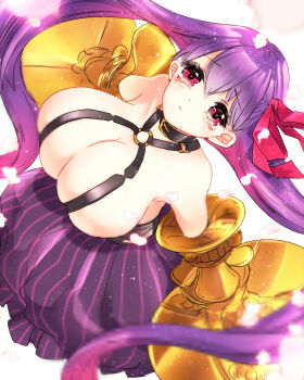 1girl bare_shoulders black_collar breasts cleavage collar commentary_request dutch_angle fate/extra fate/extra_ccc fate_(series) gauntlets hair_ribbon highres huge_breasts long_hair looking_at_viewer parted_lips passionlip_(fate) petals pink_eyes purple_hair purple_skirt red_ribbon revealing_clothes ribbon roku_(ntbr_fate) skirt solo striped_clothes striped_skirt tearing_up vertical-striped_clothes vertical-striped_skirt very_long_hair white_background