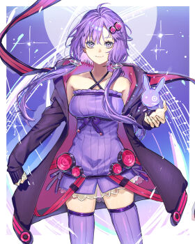 1girl absurdres black_coat breasts coat collarbone criss-cross_halter dress floating_hair halterneck highres iwashi_(wawaisi_iwasi) long_hair long_sleeves looking_at_viewer medium_breasts open_clothes open_coat purple_dress purple_eyes purple_hair purple_thighhighs short_dress skindentation sleeveless sleeveless_dress smile solo standing thighhighs voiceroid yuzuki_yukari zettai_ryouiki
