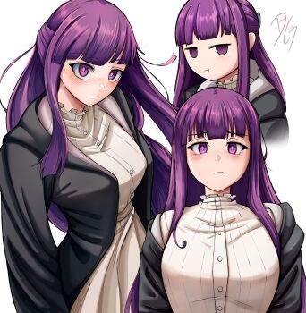 1girl absurdres black_coat blush breasts choppy_bangs closed_mouth coat commentary dilan_griz dress fern_(sousou_no_frieren) frown highres jitome large_breasts long_hair looking_at_viewer multiple_views pout purple_eyes purple_hair purple_pupils sidelocks simple_background sousou_no_frieren straight_hair white_background white_dress