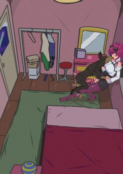 1boy 1futa absurdres animal_penis bar_censor bed bedroom bestiality blush breasts censored clothed_sex dog dog_penis erection futanari highres honkai:_star_rail honkai_(series) imminent_penetration kafka_(honkai:_star_rail) knotted_penis knotting large_breasts large_penis medium_penis open_mouth penis sunglasses sunglasses_on_head testicles tongue tongue_out umikaze