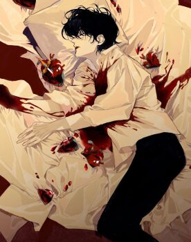 Rule 34 | 1boy, absurdres, black hair, blood, blood on clothes, blood on hands, blood splatter, broken glass, closed eyes, commentary, crystal, dagger, glass, gost 56, head on pillow, heart (organ), highres, impaled, implied self-harm, implied suicide, knees up, knife, lying, on bed, on side, original, pillow, pool of blood, shirt, short hair, solo, symbol-only commentary, weapon, white shirt