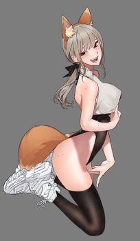 1girl animal_ears bare_shoulders blush breasts covered_erect_nipples from_side full_body fur grey_background grey_hair jumping k52 large_breasts medium_hair open_mouth original ponytail shoelaces shoes simple_background sleeveless smile solo sweat tail teeth thighhighs tongue white_shoes