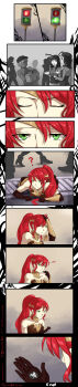 ! ? armor beret coco_adel comic crossover green_eyes hat headdress lamppost outdoors player_pin ponytail pyrrha_nikos rabbit_ears red_hair road rwby street subarashiki_kono_sekai velvet_scarlatina waking_up