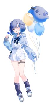Rule 34 | 1girl, absurdres, balloon, black choker, black socks, blue eyes, blue gem, blue hair, blue hoodie, blue nails, blue ribbon, blue shoes, candy, choker, food, full body, gem, hair ornament, hashtag-only commentary, highres, holding, holding balloon, holding candy, holding food, holding lollipop, hood, hood down, hoodie, lollipop, long sleeves, medium hair, overall shorts, overalls, ribbon, shoes, shorts, simple background, socks, solo, terano naa, tongue, tongue out, tsumugi kokage, virtual youtuber, vspo!, white background, white overalls, white shorts