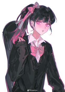 Rule 34 | 1girl, alternate costume, black hair, black jacket, bow, bowtie, chinese commentary, collared shirt, commentary request, expressionless, hair bow, hand up, high side ponytail, highres, instrument case, instrument case on back, jacket, kimetsu no yaiba, long hair, long sleeves, looking at viewer, parted lips, pink bow, pink bowtie, pink eyes, realryo-, school uniform, shirt, side ponytail, simple background, sleeves past wrists, solo, tsuyuri kanao, upper body, watermark, weibo watermark, white background, white shirt