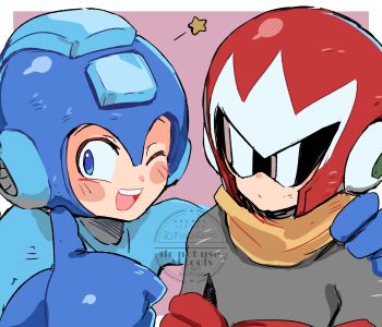 2boys assault_visor blue_bodysuit blue_eyes blue_helmet blush_stickers bodysuit brothers grey_bodysuit helmet highres male_focus mega_man_(character) mega_man_(classic) mega_man_(series) multiple_boys pink_background proto_man red_helmet scarf siblings simple_background srnhuyuno star_(symbol) thumbs_up upper_body watermark yellow_scarf