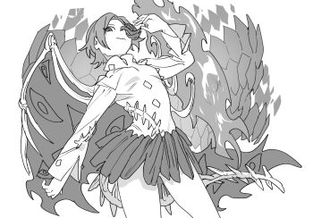 1girl asymmetrical_wings black_skirt bone commentary_request fiery_wings half_mask hand_up highres iwanaga_ariya legs long_sleeves mask mero_(starfish_jcs) monochrome parted_lips shirt short_hair skeletal_tail skeletal_wings skirt smile solo tail thighs touhou white_background white_shirt wings