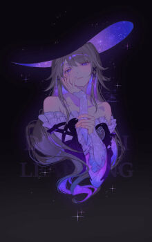 Rule 34 | 1girl, bare shoulders, black background, black dress, commentary request, detached sleeves, dress, grey hair, hand up, herta (honkai: star rail), highres, hitohachan, honkai: star rail, honkai (series), long hair, long sleeves, looking at viewer, nail polish, purple eyes, purple nails, simple background, solo, the herta (honkai: star rail), upper body, very long hair, watermark