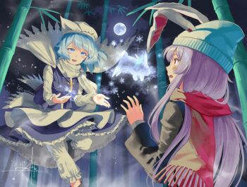 2girls animal_ears bamboo bamboo_forest beanie black_jacket blazer blue_eyes breasts cold cryokinesis dress forest from_behind full_moon hat highres jacket letty_whiterock long_hair long_sleeves looking_at_another moon multiple_girls nature night open_mouth otomeza_ryuseigun purple_dress purple_hair purple_shirt rabbit_ears red_eyes red_scarf reisen_udongein_inaba scarf shirt sky star_(sky) starry_sky touhou twitter_username white_hat white_scarf winter_clothes