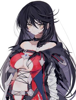 1girl absurdres bandaged_arm bandages bare_shoulders black_choker black_hair blush braid braided_sidelock breasts choker cleavage closed_mouth hair_between_eyes highres long_hair looking_at_viewer medium_breasts nancykittyu navel simple_background solo tales_of_(series) tales_of_berseria torn_clothes velvet_crowe very_long_hair white_background yellow_eyes