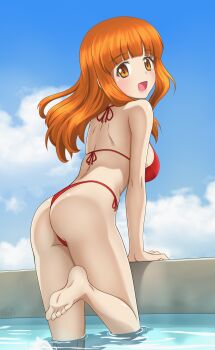 1girl absurdres ass barefoot bikini blue_sky blunt_bangs brown_eyes cloud commentary day english_commentary flintard girls_und_panzer highres long_hair looking_at_viewer looking_back orange_hair outdoors poolside red_bikini side-tie_bikini_bottom sky smile solo swimsuit takebe_saori thong_bikini water