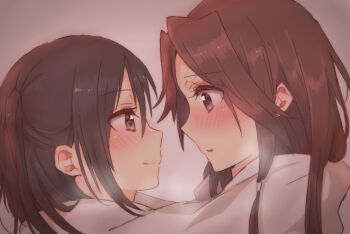 2girls bad_id bad_pixiv_id blush brown_eyes brown_hair gradient_background highres jintsuu_(kancolle) kantai_collection long_hair looking_at_another multiple_girls scarf sendai_(kancolle) shared_clothes shared_scarf sharing smile sorimachi-doufu two_side_up white_scarf yuri