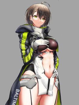 1girl ahoge armor azur_lane baltimore_(azur_lane) black_leotard blue_coat braid breasts brown_hair center_opening closed_mouth clothing_cutout coat cowboy_shot faulds french_braid garter_straps gloves hair_between_eyes hand_on_own_chest hand_on_own_hip hood hood_down hooded_jacket jacket jy_rabha kymp large_breasts leotard long_sleeves looking_at_viewer multicolored_coat navel navel_cutout pelvic_curtain short_hair sidelocks simple_background solo standing underboob underboob_cutout visor_(armor) white_gloves yellow_eyes