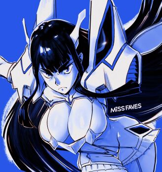 1girl artist_name black_hair blue_background breasts cleavage cleavage_cutout clothing_cutout frown garter_straps junketsu kill_la_kill kiryuuin_satsuki large_breasts leaning_forward long_hair long_sidelocks looking_at_viewer miss_faves monochrome sidelocks solo thick_eyebrows v-shaped_eyebrows very_long_hair