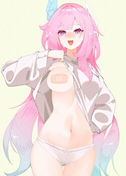 1girl aqua_hair bandaid bandaids_on_nipples blush breasts clothes_lift cyrene_(honkai:_star_rail) cyrene_(ripples_of_past_reverie)_(honkai:_star_rail) diamond-shaped_pupils diamond_(shape) embarrassed flower hair_flower hair_ornament hashtag-only_commentary highres honkai:_star_rail honkai_(series) jfifwebp large_breasts lifting_own_clothes long_hair multicolored_hair navel open_mouth panties pasties pink_hair pointy_ears purple_eyes shirt shirt_lift solo stomach symbol-shaped_pupils two-tone_hair underwear very_long_hair white_panties white_shirt